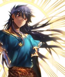 Rule 34 | 1boy, absurdres, backlighting, blue hair, closed mouth, clothing cutout, dark-skinned male, dark blue hair, dark skin, earrings, elbow gloves, fate/grand order, fate (series), gloves, greco-roman clothes, highres, huge filesize, jewelry, long hair, male focus, necklace, onasu (sawagani), red eyes, roman clothes, romulus quirinus (fate), short sleeves, side cutout, solo, upper body, very long hair