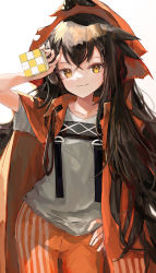 Rule 34 | 1girl, arknights, brown hair, collarbone, commentary, cowboy shot, hand on own hip, hat, highres, holding, hood, hood up, horns, ichika (ichika87), jacket, kafka (arknights), long hair, looking at viewer, official alternate costume, open clothes, open jacket, orange eyes, orange jacket, orange pants, pants, prison clothes, rubik&#039;s cube, shirt, simple background, smile, solo, standing, very long hair, white background, white shirt