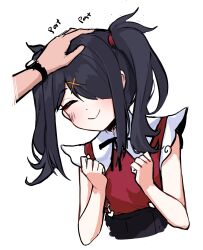 Rule 34 | 1girl, absurdres, ame-chan (needy girl overdose), black hair, black ribbon, closed eyes, closed mouth, collared shirt, commentary, english commentary, english text, facing viewer, hair ornament, hair over one eye, hand on another&#039;s head, hands up, happy, headpat, highres, long hair, neck ribbon, needy girl overdose, out of frame, red shirt, ribbon, ryoshi, shirt, simple background, smile, solo focus, twintails, upper body, white background, x hair ornament