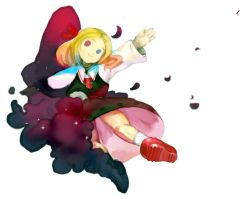 Rule 34 | 1girl, blonde hair, darkness, embodiment of scarlet devil, female focus, hair ribbon, heterochromia, necktie, outstretched arms, red eyes, ribbon, rumia, short hair, solo, spread arms, touhou, usapiyo