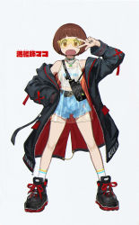 Rule 34 | 1girl, :o, absurdres, bag, belt, belt buckle, black bag, black belt, black choker, black coat, black footwear, blunt bangs, bob cut, brown eyes, brown hair, buckle, character name, choker, coat, commentary, copyright name, crop top, cutoffs, denim, denim shorts, dress, full body, furrowed brow, hand on own hip, high tops, highres, jewelry, kill la kill, legs apart, long coat, looking at viewer, mankanshoku mako, midriff, necklace, off shoulder, open clothes, open coat, open mouth, salute, see-through, see-through dress, shirt, shoes, short hair, shorts, shorts under dress, simple background, sneakers, socks, solo, standing, sunglasses, tank top, tinted eyewear, torn clothes, torn shorts, v, wang-xi, white background, white shirt, white socks, white tank top, yellow-tinted eyewear, yellow-tinted glasses