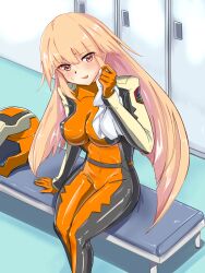 Rule 34 | 1girl, bench, blonde hair, blurry, bodysuit, breasts, brooklyn (kancolle), commentary, commentary request, cosplay, depth of field, english commentary, feet out of frame, gloves, gundam, gundam seed, unworn headwear, helmet, unworn helmet, highres, impossible clothes, kantai collection, large breasts, locker, long hair, mixed-language commentary, orange bodysuit, orange gloves, pilot suit, red eyes, solo, timosan, towel, tumbler