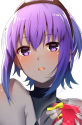 Rule 34 | 1girl, :o, bare shoulders, black hairband, black leotard, blush, box, chocolate, commentary request, dark-skinned female, dark skin, fate/grand order, fate/prototype, fate/prototype: fragments of blue and silver, fate (series), gift, gift box, hair between eyes, hair ornament, hairband, happy valentine, hassan of serenity (fate), highres, holding, holding gift, leotard, looking at viewer, open mouth, purple eyes, ribbon, shiime, short hair, simple background, solo, valentine, white background, yellow ribbon