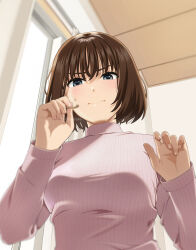 Rule 34 | 1girl, blue eyes, blush, breasts, brown hair, closed mouth, curtains, day, hair between eyes, holding, indoors, long sleeves, looking at viewer, mattaku mousuke, medium breasts, mimikaki, original, ribbed sweater, solo, sunlight, sweat, sweater, turtleneck, turtleneck sweater, upper body, white sweater, window