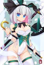 Rule 34 | 1girl, animal ears, black hairband, black headwear, blue eyes, breasts, cane, cleavage, closed mouth, colored inner hair, commentary request, cowboy shot, dated, ghost, green background, green vest, grey hair, hairband, hat, highres, holding, holding cane, konpaku youmu, konpaku youmu (ghost), large breasts, leotard, muchin jousha, multicolored hair, pink hair, playboy bunny, rabbit ears, sheath, short hair, simple background, solo, sword, sword behind back, thighhighs, top hat, touhou, vest, weapon, white leotard, white thighhighs, wrist cuffs, youmu day