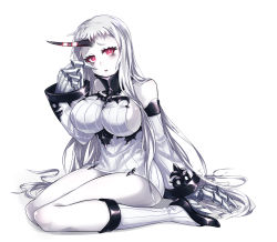 Rule 34 | 10s, 1girl, abyssal ship, bare shoulders, breasts, claws, detached sleeves, dress, highres, horns, kantai collection, large breasts, long hair, pale skin, red eyes, ribbed dress, samael (5211), seaport princess, short dress, sideboob, single horn, solo, sweater, sweater dress, thighs, white hair