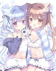 Rule 34 | 2girls, :d, :o, animal ear fluff, azumi kazuki, blue hair, blue jacket, blush, bow, breasts, brown eyes, brown hair, camisole, commentary request, crop top, cup, frilled shorts, frills, hair between eyes, hair bow, hair intakes, hair ornament, hairclip, highres, holding, holding cup, hood, hood down, hooded jacket, jacket, long hair, long sleeves, midriff, mug, multiple girls, navel, off shoulder, open clothes, open jacket, open mouth, original, parted lips, puffy long sleeves, puffy sleeves, purple eyes, short shorts, shorts, sleeves past wrists, small breasts, smile, star (symbol), striped clothes, striped jacket, twintails, very long hair, white bow, white camisole, white shorts