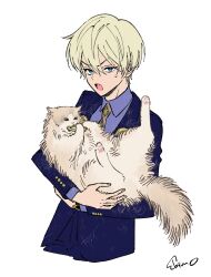 Rule 34 | 1boy, animal, aqua eyes, blonde hair, cat, collared shirt, formal, frown, high card, highres, holding, holding animal, holding cat, looking at viewer, male focus, mojisan (ebimo), necktie, open mouth, pinochle constantine leo, purple shirt, shirt, short hair, simple background, solo, suit, sweatdrop, upper body