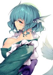 Rule 34 | 1girl, aqua eyes, aqua hair, breasts, cleavage, closed mouth, drill hair, drill sidelocks, fins, frilled kimono, frills, from side, green kimono, head fins, highres, japanese clothes, kimono, large breasts, long sleeves, mermaid, monster girl, purple sash, sakurame, sash, short hair, sidelocks, simple background, smile, solo, touhou, upper body, wakasagihime, white background, wide sleeves