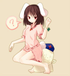 Rule 34 | 1girl, ?, animal ears, barefoot, bracelet, brown hair, carrot, carrot necklace, clover, feet, female focus, four-leaf clover, highres, inaba tewi, jewelry, miyo (ranthath), necklace, rabbit ears, rabbit girl, rabbit tail, red eyes, short hair, sitting, solo, tail, touhou, yagokoro