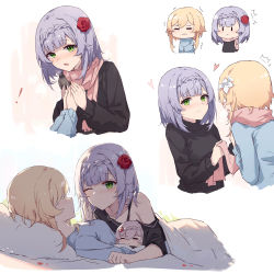 Rule 34 | !, 3girls, absurdres, black sweater, blonde hair, blue sweater, chibi, chinese commentary, commentary request, flower, genshin impact, girl on top, green eyes, hair flower, hair ornament, heart, highres, jewelry, long hair, looking at viewer, lumine (genshin impact), lying, mother and daughter, multiple girls, multiple views, noelle (genshin impact), on back, one eye closed, pillow, pink scarf, red flower, red rose, ring, rose, scarf, short hair, solid oval eyes, sweater, turtleneck, turtleneck sweater, under covers, wavy mouth, white flower, yajuu, yuri
