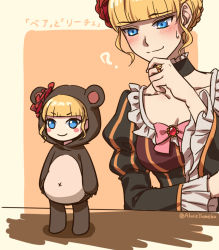 Rule 34 | 1girl, ?, aluce, animal costume, arm across waist, arm up, artist name, bad id, bad pixiv id, beatrice (umineko), black choker, black dress, blonde hair, blunt bangs, blush, blush stickers, bow, bowtie, braid, breasts, character doll, choker, cleavage, closed mouth, dress, flower, frilled choker, frills, hair flower, hair ornament, hand on own face, long sleeves, medium breasts, panda costume, pink bow, red flower, red rose, rose, short hair, striped clothes, striped dress, translation request, twitter username, umineko no naku koro ni, vertical-striped clothes, vertical-striped dress, white frills, wide sleeves