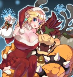 Rule 34 | 1boy, 1girl, antlers, bad id, bad pixiv id, bell, blonde hair, blush, bowser, breast press, breasts, carrying, carrying bag, christmas stocking, cleavage, collar, detached sleeves, dress, earrings, eyelashes, fangs, hand on own hip, happy, hat, horns, huge breasts, interspecies, jewelry, large breasts, long hair, looking at breasts, looking at viewer, mario (series), mohawk, monster, muscular, neck bell, nintendo, princess peach, red eyes, red hair, ribbon, santa costume, santa hat, scales, sitting, skirt, snowflakes, spiked collar, spikes, strapless, strapless dress, thick eyebrows, thigh grab, thighhighs, thighs, tongue, turtle shell, zabumaku