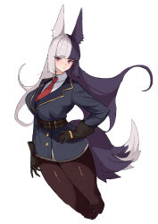 Rule 34 | 1girl, animal ear fluff, belt, black gloves, black hair, blue jacket, breasts, brown belt, collared shirt, commission, gloves, grey hair, hand on own hip, highres, jacket, large breasts, long hair, multicolored hair, necktie, original, pantyhose, purple eyes, red necktie, second-party source, shirt, skeb commission, solo, tail, takaha4 mei, two-tone hair, two-tone tail, uniform, white shirt
