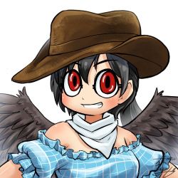 Rule 34 | 1girl, bandana, bare shoulders, black hair, black wings, blue shirt, brown hat, chamaji, commentary, cowboy hat, feathered wings, hair between eyes, hat, kurokoma saki, looking at viewer, lowres, off-shoulder shirt, off shoulder, ponytail, profile picture, shirt, signature, smile, solo, touhou, upper body, white background, wings