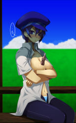 Rule 34 | ..., 1girl, anger vein, atlus, between breasts, blue eyes, blue hair, blush, breasts, cabbie hat, cloud, covering privates, covering breasts, crossed arms, day, female focus, grass, hat, large breasts, matching hair/eyes, nature, navel, no bra, open clothes, open shirt, outdoors, panties, persona, persona 4, plant, shade, shirogane naoto, shirt, short hair, sitting, sky, solo, sweat, taru neko, tupet, underwear, unzipped