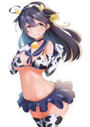 Rule 34 | 1girl, absurdres, animal print, ayuman, bell, black hair, blush, brown eyes, closed mouth, cow horns, cow print, cow print bikini, cowbell, cowboy shot, elbow gloves, gloves, hair between eyes, highres, horns, kantai collection, long hair, print bikini, simple background, smile, solo, thighhighs, ushio (kancolle), white background, white gloves