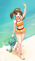 Rule 34 | 1girl, ahoge, anklet, arm up, bare legs, barefoot, beach, bikini, blush, brown eyes, brown hair, creature, feet, flat chest, from above, jewelry, long hair, looking up, mizuki gyokuran, monster, navel, ocean, open mouth, original, slime (creature), slime (substance), smile, solo, swimsuit, twintails, water, waving, wet