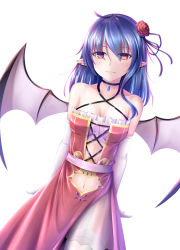 Rule 34 | 1girl, absurdres, blue hair, breasts, cleavage, clothing cutout, collarbone, cowboy shot, criss-cross halter, demon wings, dress, earrings, elbow gloves, flower, gloves, hair between eyes, hair flower, hair ornament, hair ribbon, halterneck, heart cutout, highres, jewelry, long hair, looking at viewer, medium breasts, midriff, navel, navel cutout, pointy ears, purple ribbon, red dress, red eyes, red flower, red rose, remilia scarlet, ribbon, rose, seiya (iiseven), side slit, simple background, sleeveless, sleeveless dress, solo, standing, stomach, thighhighs, touhou, white background, white gloves, white thighhighs, wings