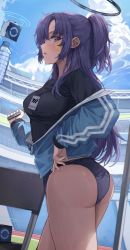 Rule 34 | 1girl, 2gong (9ujin ), adjusting clothes, ass, black shirt, blue archive, blue buruma, blue jacket, blue sky, blush, bottle, breasts, buruma, cloud, cowboy shot, from side, gym uniform, halo, highres, jacket, long hair, long sleeves, looking at viewer, medium breasts, official alternate costume, one side up, parted bangs, parted lips, partially unzipped, plastic bottle, profile, purple eyes, purple hair, shirt, sidelocks, sideways glance, sky, solo, stadium, star sticker, sticker on face, striped clothes, striped jacket, thighs, track jacket, water bottle, yuuka (blue archive), yuuka (track) (blue archive)