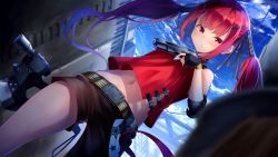 Rule 34 | 1girl, axe, belt, blush, commentary request, cz75 (girls&#039; frontline), cz 75, dutch angle, fingerless gloves, girls&#039; frontline, gloves, gun, hair ornament, handgun, highres, long hair, looking at viewer, midriff, navel, red hair, scope, shirt, shorts, sky, solo, tomahawk, toy block, twintails, weapon