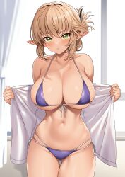Rule 34 | 1girl, absurdres, aegis (takunomi), bare shoulders, bikini, blush, breasts, brown hair, cleavage, collarbone, commentary request, cowboy shot, curtains, elf, enjo kouhai, folded ponytail, front-tie bikini top, front-tie top, gluteal fold, green eyes, hair between eyes, highres, indoors, jacket, large breasts, long pointy ears, looking at viewer, micro bikini, multi-strapped bikini bottom, narrow waist, open clothes, open jacket, opened by self, parted lips, pointy ears, short hair, side-tie bikini bottom, skindentation, solo, standing, swimsuit, takunomi, thigh gap, underboob, white jacket, window