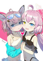 Rule 34 | 2girls, :d, absurdres, ahoge, animal ear fluff, animal ears, arknights, armpits, bikini, black bikini, black choker, blue archive, blue eyes, blue jacket, cheek-to-cheek, choker, collarbone, color connection, commentary request, company connection, cosplay, costume switch, crossover, extra ears, eyewear on head, flat chest, fox ears, fox girl, fox tail, frilled bikini, frills, frown, hair between eyes, hair bobbles, hair color connection, hair ornament, hairclip, halo, heads together, heart, heterochromia, highres, holding hands, hoshino (blue archive), hoshino (blue archive) (cosplay), hoshino (swimsuit) (blue archive), imaginebeaker, interlocked fingers, jacket, light blush, long hair, long sleeves, looking at viewer, material growth, medium hair, multiple girls, navel, official alternate hairstyle, open clothes, open jacket, open mouth, oripathy lesion (arknights), pendant choker, pink hair, shaded face, sidelocks, simple background, sleeveless, smile, spaghetti strap, spoken heart, stomach, sunglasses, sussurro (arknights), sussurro (arknights) (cosplay), sussurro (summer flower) (arknights), sweat, swimsuit, tail, two-tone background, white bikini, yostar