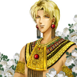 Rule 34 | 1boy, armlet, artist request, blonde hair, egyptian, flower, male focus, plant, red river, solo, upper body, user ramses, white background