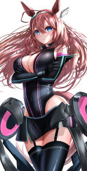 Rule 34 | 1girl, absurdres, animal ears, arms under breasts, bare shoulders, black gloves, black leotard, black skirt, black thighhighs, blue eyes, blush, breasts, brown hair, closed mouth, covered navel, cowboy shot, crossed arms, elbow gloves, fujimoto setsuna, garter straps, gloves, hair ornament, hairband, highres, horse ears, horse girl, horse tail, large breasts, leotard, looking at viewer, mihono bourbon (umamusume), simple background, skirt, solo, tail, thighhighs, thighs, umamusume, white background