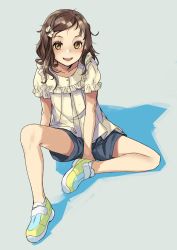 Rule 34 | 1girl, black hair, bow, brown eyes, female focus, grey background, hair bow, highres, looking at viewer, open mouth, shadow, shoes, shorts, simple background, sitting, smile, sody, solo, white bow