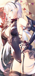 Rule 34 | 1girl, armpits, bare shoulders, black leotard, blue eyes, braid, breasts, bridal gauntlets, brown thighhighs, choker, cleavage, cowboy shot, demon wings, earrings, finger to mouth, garter straps, groin, hairband, hand on own hip, hand up, head wings, highleg, highleg leotard, highres, jewelry, lace trim, latex, leotard, long hair, looking at viewer, medium breasts, mini wings, nail polish, one eye closed, parted lips, red nails, ribbon choker, riselia ray crystalia, seiken gakuin no maken tsukai, solo, standing, thighhighs, thighs, toosaka asagi, very long hair, white hair, wings