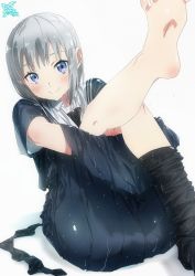 Rule 34 | 1girl, absurdres, barefoot, black dress, black legwear, black neckwear, blue eyes, blush, closed mouth, commentary request, dress, eyebrows hidden by hair, foot out of frame, foot up, highres, holding leg, leg up, looking at viewer, makicha (sasurainopink), original, shirt, short hair, short sleeves, silver hair, simple background, sitting, smile, soles, solo, toes, wet, white background, white shirt