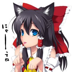 Rule 34 | 1girl, animal ears, ascot, bad id, bad pixiv id, blue eyes, bow, cat ears, cat girl, detached sleeves, female focus, hair bow, hair tubes, hakurei reimu, japanese clothes, kemonomimi mode, large bow, miko, paw pose, saryuu (iriomote), solo, tongue, touhou