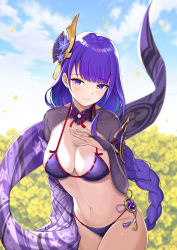 Rule 34 | 1girl, absurdres, beida53878791, bikini, blue sky, blunt bangs, blurry, blurry background, braid, breasts, bridal gauntlets, cleavage, closed mouth, cloud, falling petals, flower, genshin impact, hair ornament, hand on own chest, highres, large breasts, long hair, low-braided long hair, low-tied long hair, mole, mole under eye, navel, neck ribbon, outdoors, petals, purple bikini, purple eyes, raiden shogun, ribbon, shrug (clothing), sky, smile, solo, stomach, swimsuit, tassel, tassel hair ornament, unworn kimono, very long hair, vision (genshin impact), yellow flower