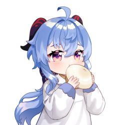 Rule 34 | 1girl, aged down, ahoge, alternate costume, baozi, bell, blue hair, commentary request, eating, food, food in mouth, ganyu (genshin impact), genshin impact, hair between eyes, holding, holding food, horns, kindergarten uniform, long hair, long sleeves, looking at viewer, miyako draw, neck bell, purple eyes, sidelocks, simple background, solo, white background