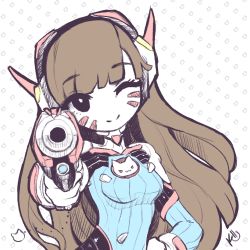 Rule 34 | 1girl, :3, absurdres, aiming, aiming at viewer, angelica (k3lly), arm up, artist name, black eyes, blue bodysuit, bodysuit, breasts, brown hair, charm (object), d.va (overwatch), facepaint, facial mark, flat color, gloves, gun, head tilt, headset, highres, holding, holding gun, holding weapon, long hair, one eye closed, overwatch, overwatch 1, ribbed bodysuit, small breasts, smile, solo, upper body, weapon, whisker markings, white gloves