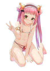 Rule 34 | 1girl, absurdres, art itou, ayane (princess connect!), bare shoulders, barefoot, bikini, breasts, cameltoe, collarbone, hair ornament, highres, kneeling, long hair, micro bikini, navel, princess connect!, simple background, small breasts, solo, split mouth, swimsuit, twintails, v, white background, yellow eyes