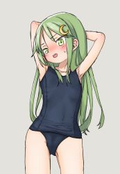 Rule 34 | 1girl, armpits, arms behind head, arms up, black one-piece swimsuit, cowboy shot, crescent, crescent hair ornament, flat chest, green eyes, green hair, grey background, hair ornament, highres, kantai collection, long hair, nagatsuki (kancolle), one-piece swimsuit, open mouth, po0000000000, round teeth, school swimsuit, simple background, solo, standing, swimsuit, teeth, upper teeth only