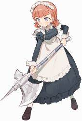 Rule 34 | 1girl, annette fantine dominic, axe, blue eyes, closed mouth, fire emblem, fire emblem: three houses, full body, holding, holding axe, long sleeves, maid, maid headdress, nintendo, orange hair, simple background, solo, soto, twintails, white background