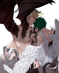 Rule 34 | 2boys, angel, angel and devil, bakugou katsuki, bare shoulders, black pants, blonde hair, boku no hero academia, bound ankles, chain, chained, chain, cuffs, demon horns, demon tail, demon wings, earrings, fang, fang out, feathered wings, from behind, green hair, highres, horns, jewelry, looking at viewer, looking back, male focus, midoriya izuku, multiple boys, pants, red eyes, rin (rinriemie), short hair, shoulder tattoo, symbol-only commentary, tail, tattoo, white wings, wings