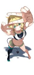 Rule 34 | 1girl, a k ykst, absurdres, akatsuki kirika, arms up, black thighhighs, blonde hair, blush, breasts, demon tail, double v, from above, green eyes, green shorts, hair ornament, highres, looking at viewer, medium breasts, midriff, navel, senki zesshou symphogear, shiny skin, short hair, shorts, simple background, single thighhigh, solo, standing, tail, tank top, thighhighs, v, white background, x hair ornament