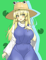 Rule 34 | 1girl, absurdres, alternate hair length, alternate hairstyle, blonde hair, blush, breasts, brown headwear, commentary, green background, highres, large breasts, long hair, long sleeves, looking at viewer, moriya suwako, open mouth, purple skirt, purple vest, shirokumall, shirt, sidelocks, simple background, skirt, solo, touhou, vest, white shirt, yellow eyes