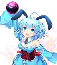 Rule 34 | 1girl, ahoge, animal ears, ball, bare shoulders, blue eyes, blue hair, blush, breasts, rabbit ears, cleavage, fang, highres, long sleeves, matching hair/eyes, momoiro taisen pairon, namaru (summer dandy), open mouth, short hair, sleeves past wrists, smile, solo