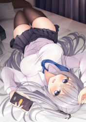 Rule 34 | 1girl, absurdres, arm up, bag, bedroom, black skirt, black thighhighs, blush, breasts, cellphone, collared shirt, commentary request, curtains, grey hair, hair ribbon, hanonokusa, highres, holding, holding phone, indoors, large breasts, long hair, looking at viewer, lying, on back, on bed, open mouth, original, phone, pillow, pleated skirt, purple eyes, ribbon, school bag, school uniform, shirt, skirt, smartphone, smile, solo, thighhighs, two side up, upside-down, white shirt