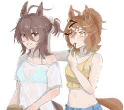 2girls agnes_tachyon_(umamusume) ahoge animal_ears bare_shoulders bikini bikini_top_only blue_bikini blue_shorts blush braid breasts brown_hair brown_tail chemical_structure chinese_commentary cleavage collarbone commentary_request ear_ornament earrings hair_between_eyes hair_tie_in_mouth hairdressing half_up_half_down_braid holding_another&#039;s_hair horse_ears horse_girl horse_tail jewelry jungle_pocket_(umamusume) medium_breasts medium_hair mole mole_under_eye mouth_hold multiple_girls notched_ear orange_eyes ponytail sancai0 see-through_clothes see-through_shirt shirt shorts simple_background single_earring single_off_shoulder smile swimsuit t-shirt tail umamusume umamusume:_beginning_of_a_new_era upper_body v-shaped_eyebrows white_background white_shirt yellow_eyes