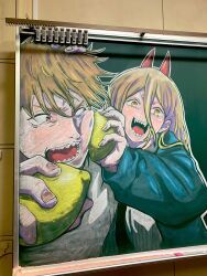 Rule 34 | 1boy, 1girl, black necktie, blonde hair, blue jacket, chainsaw man, chalk (medium), commentary request, denji (chainsaw man), fangs, food, fruit, hair between eyes, hand on another&#039;s head, highres, horns, jacket, lemon, necktie, open mouth, orange eyes, photo (medium), power (chainsaw man), red horns, sharp teeth, smile, teeth, tongue, tori (fx36knkdo8tqays), traditional media