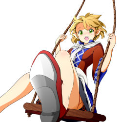 Rule 34 | 1girl, blonde hair, female focus, from below, green eyes, mizuhashi parsee, pointy ears, reri, simple background, sitting, solo, swing, touhou, white background