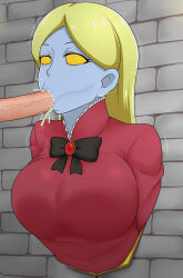 Rule 34 | 1girl, :&gt;=, black bow, blue skin, bow, breasts, brick wall, brooch, colored skin, cum, cum in mouth, dress, erection, eyelashes, fellatio, gem, green hair, hetero, high collar, jewelry, lace, lace-trimmed dress, lace trim, large breasts, long hair, luigi&#039;s mansion, mario (series), melody pianissima, motion lines, nintendo, no pupils, oliver11020, open mouth, oral, parted bangs, penis, purple dress, red gemstone, saliva, solo, teeth, through wall, upper body, upper teeth only, yellow eyes