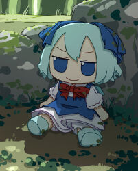 Rule 34 | 1girl, absurdres, blue bow, blue dress, blue eyes, blue footwear, blue hair, bow, cirno, closed mouth, collared shirt, dress, fairy, fumo (doll), hair between eyes, hair bow, highres, ice, ice wings, kame (kamepan44231), moss, outdoors, pinafore dress, shirt, shoes, short hair, short sleeves, sitting, sleeveless, sleeveless dress, smile, solo, touhou, white shirt, wings
