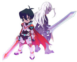 Rule 34 | 2boys, back-to-back, black hair, bodysuit, cape, colored sclera, colored skin, grey eyes, hyakujuu-ou golion, keith (voltron), lotor (voltron), male focus, miyata (lhr), multiple boys, pointy ears, purple eyes, purple skin, sword, voltron: legendary defender, voltron (series), weapon, white hair, yellow sclera